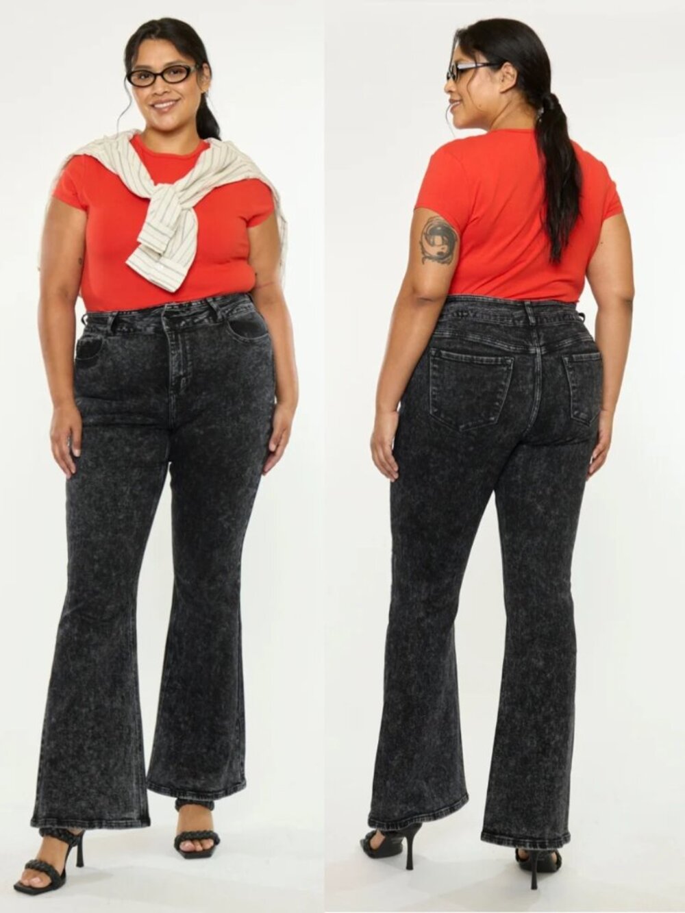 KANCAN Amirah Ultra High Rise Flare Jeans Black Acid Wash Plus Size 16 Grunge
